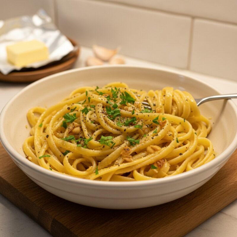 Buttered fettuccine pasta with fresh herbs and black pepper in a white bowl, with butter on a wooden board in the background.