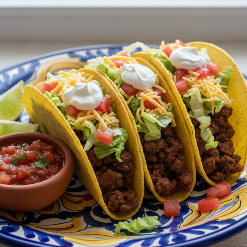 Three hard shell beef tacos filled with seasoned ground beef, shredded lettuce, diced tomatoes, cheese, and sour cream on decorative plate with salsa and lime.