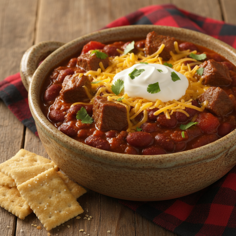 Bowl of beef and bean chili topped with shredded cheddar cheese, sour cream, and cilantro with saltine crackers on checkered cloth.