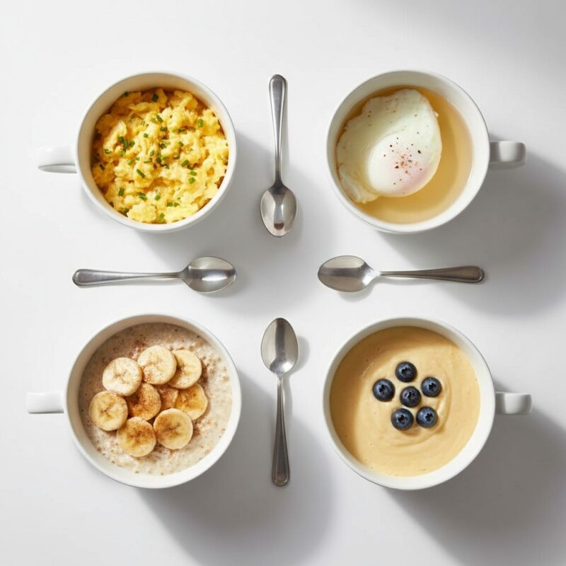 Microwave breakfast foods including eggs and oatmeal in mugs, quick meals for students abroad.