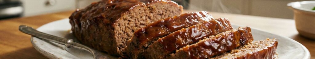 Sliced microwave meatloaf recipe with glaze on white plate showing moist interior cooked in 15 minutes.