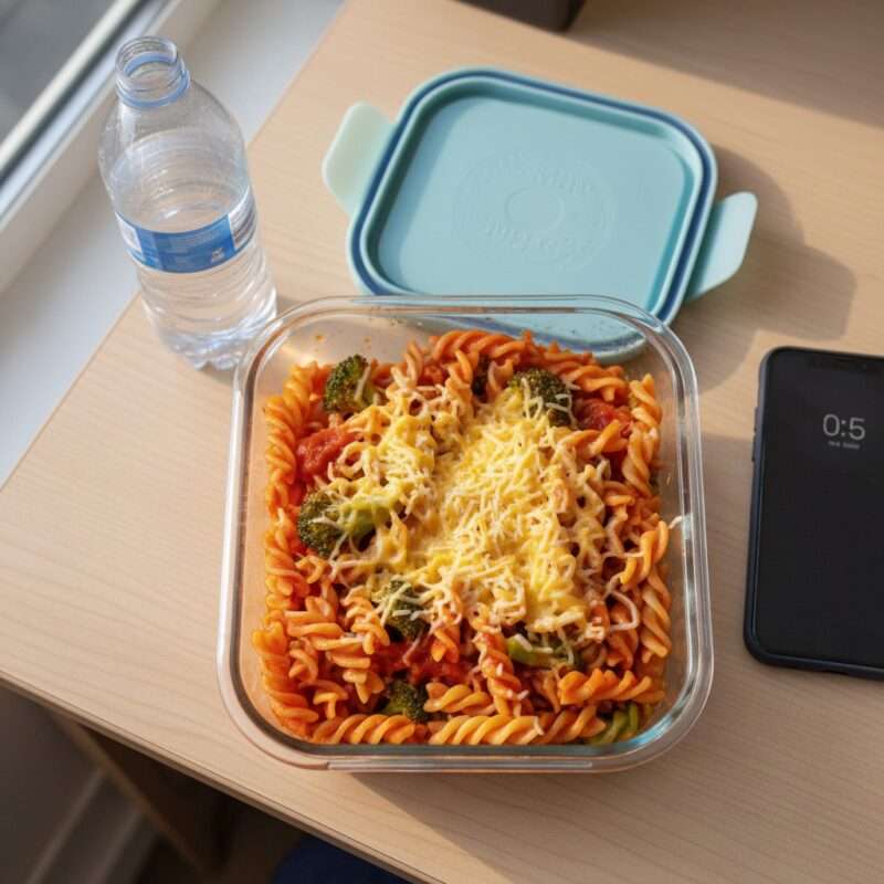 Microwave pasta bowl recipe ready in 15 minutes, quick student dinner with vegetables and protein.