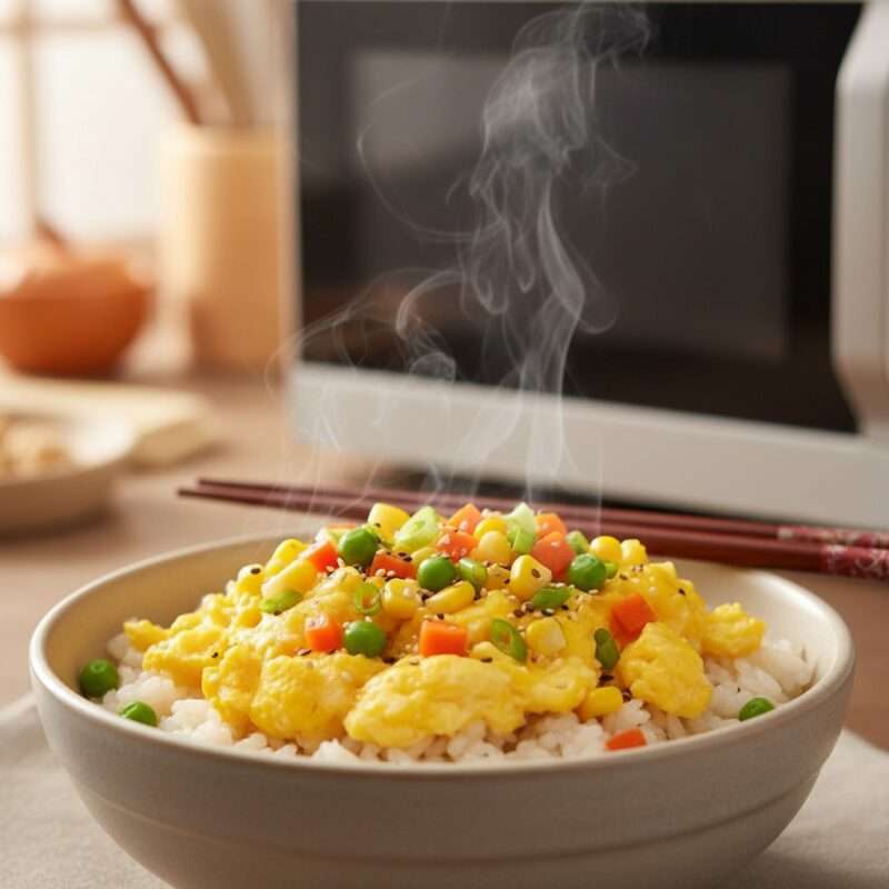 Healthy microwave rice bowl with eggs and vegetables quick meal for students abroad budget friendly dorm room cooking.