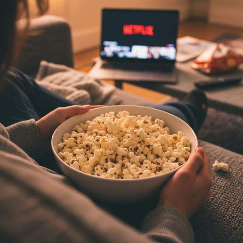 Student eating microwave popcorn while watching shows, easy microwave snacks for students abroad.