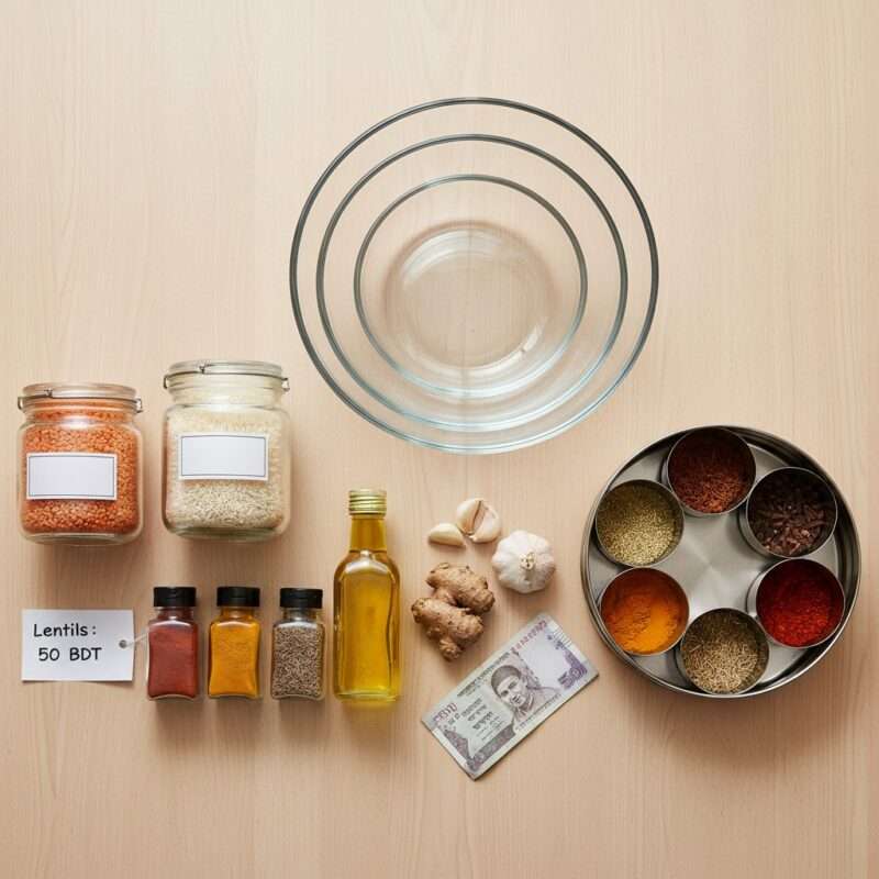 Affordable spices and ingredients for healthy traditional Bangladeshi microwave recipes, dal and rice cooking supplies for students.