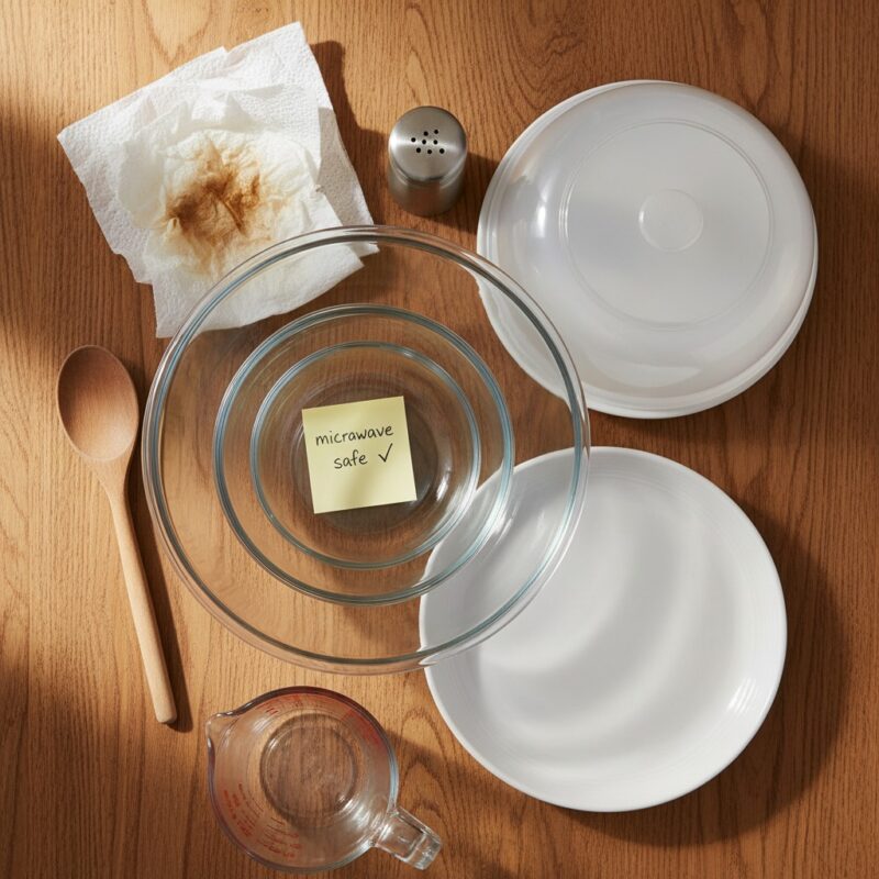 Microwave-safe glass bowls and basic cooking tools for dorm room microwave meals and student cooking.