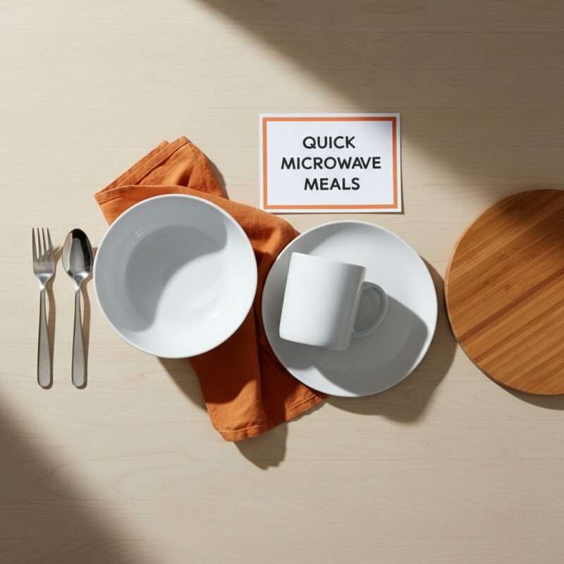 Minimal microwave cooking equipment including bowl mug plate and utensils for budget student meals in small spaces and dorm kitchens.