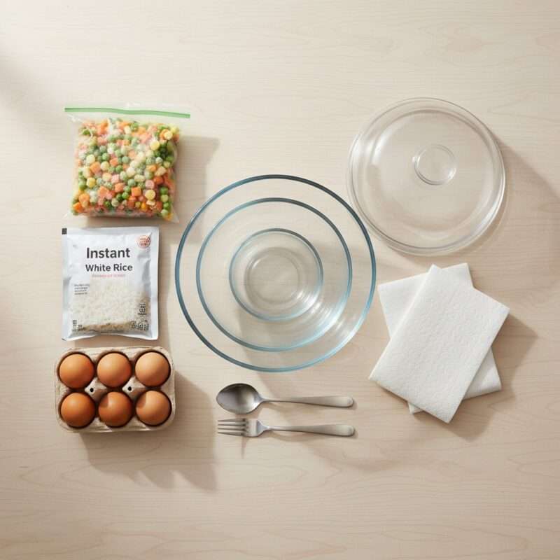 Microwave-safe containers and basic ingredients for quick 15 minute microwave meals students can make.