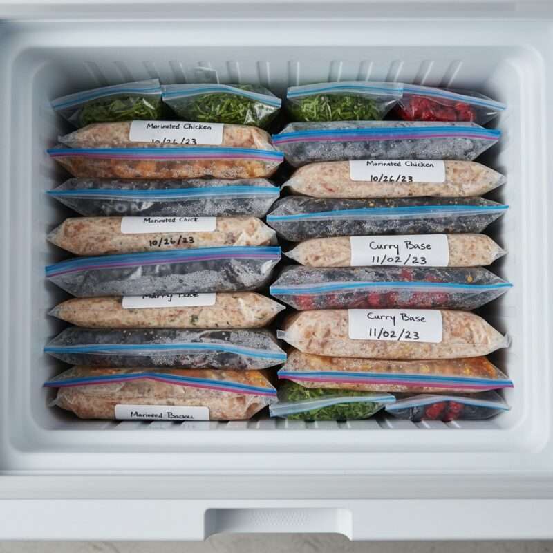 Organized freezer bags with labeled marinated meats and soups for long-term Ramadan food storage.