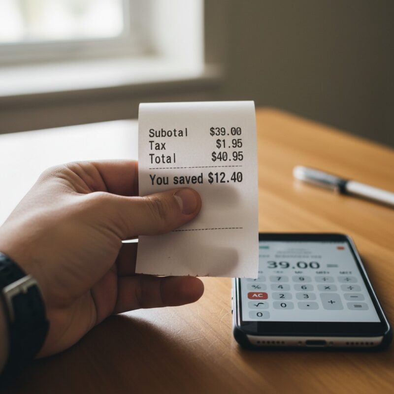Student grocery receipt showing total cost under 50 dollars with savings for weekly meal plan.