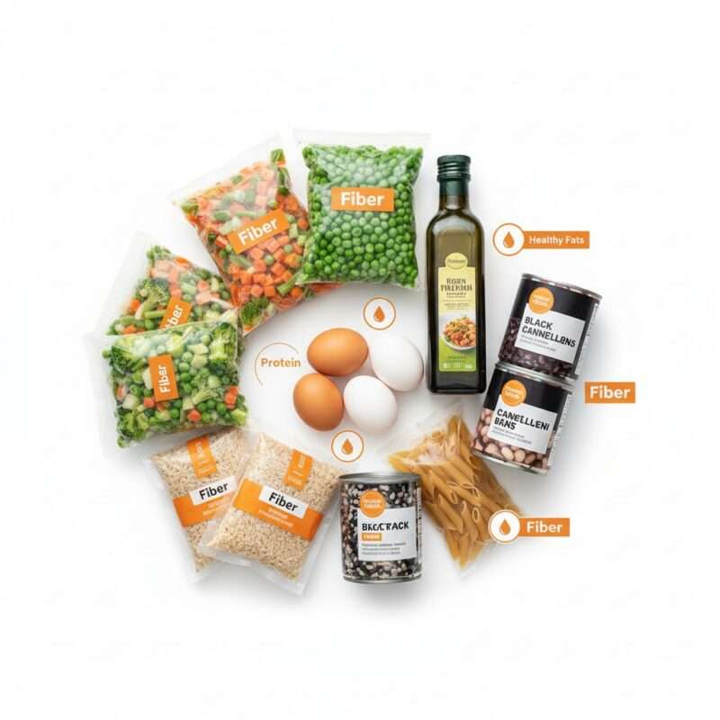 Nutritious microwave cooking ingredients including eggs vegetables rice and beans for healthy student meals abroad budget friendly nutrition.