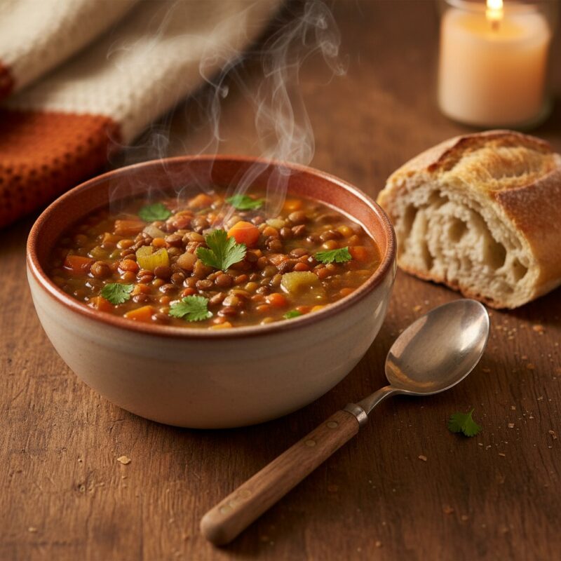 Nutritious budget lentil soup with vegetables, affordable comfort food for international students under two dollars.