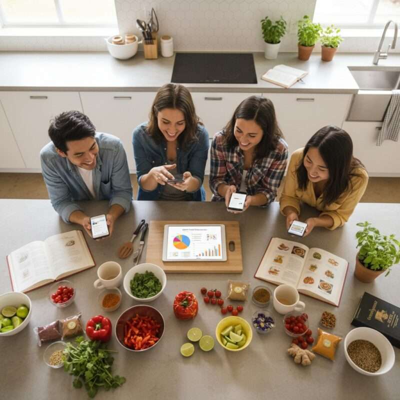 Four diverse international students gathered around kitchen counter with fresh cooking
 ingredients, recipe books, and tablet showing food preference data.