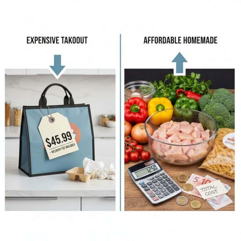 Visual cost comparison showing savings between cooking budget meals at home versus ordering takeout for students.