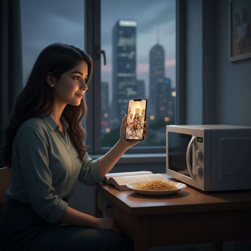 Bangladeshi migrant worker studying abroad missing traditional home cooking and family, cultural adjustment challenges.