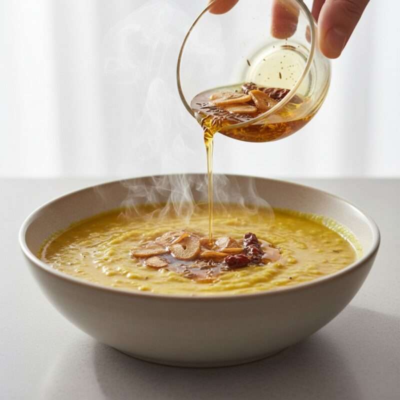 Traditional Bengali dal tadka tempering technique for microwave cooking, step-by-step Bangladeshi lentil curry preparation.