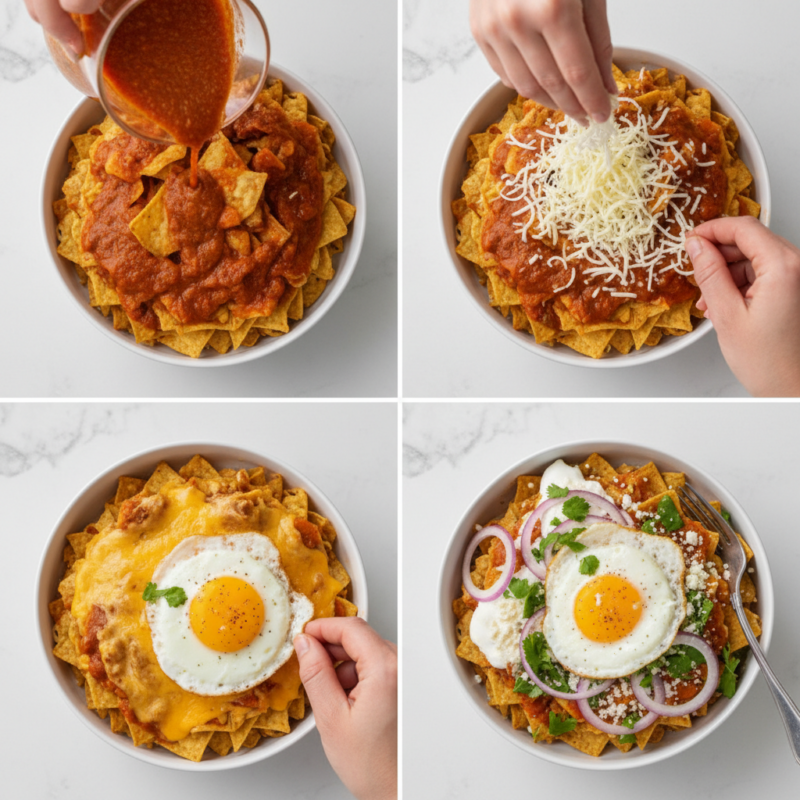 
Four-step process of making microwave chilaquiles: pouring red sauce over tortilla chips, adding shredded cheese, topping with fried egg, and garnishing with onions, cilantro, and cotija cheese.