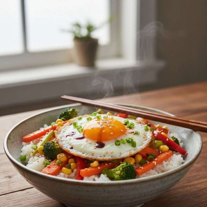 Homestyle microwave rice bowl with egg and vegetables, comfort food recipe for students abroad.