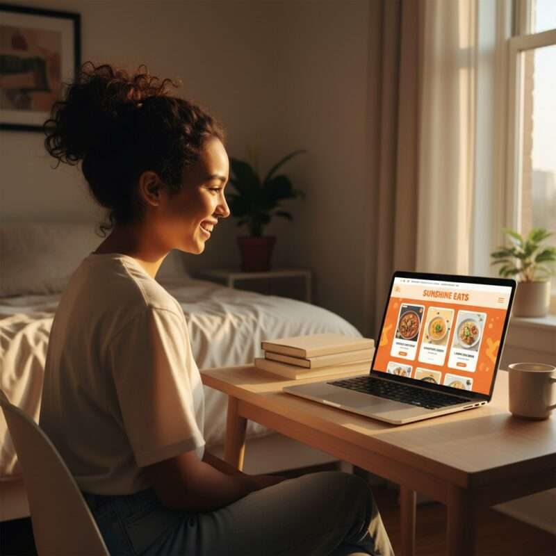 Student using interactive recipe serving size converter on laptop in small apartment, microwave recipe tool for international students.