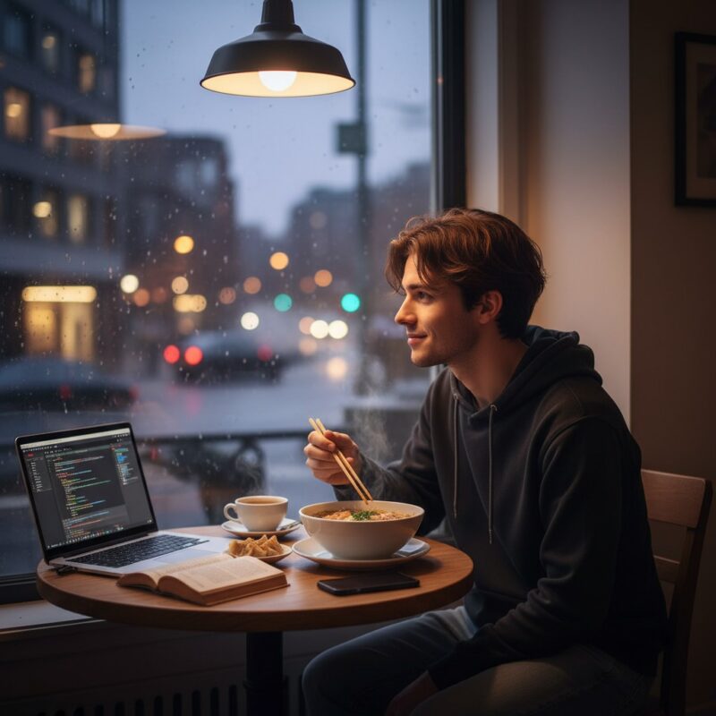 Student or migrant worker enjoying simple affordable meal alone in apartment, representing self-care while studying abroad.