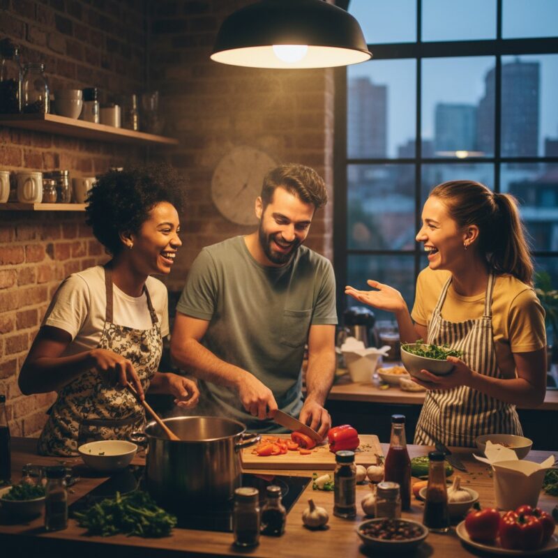 Diverse group of international students preparing affordable meals together, building community while studying abroad.