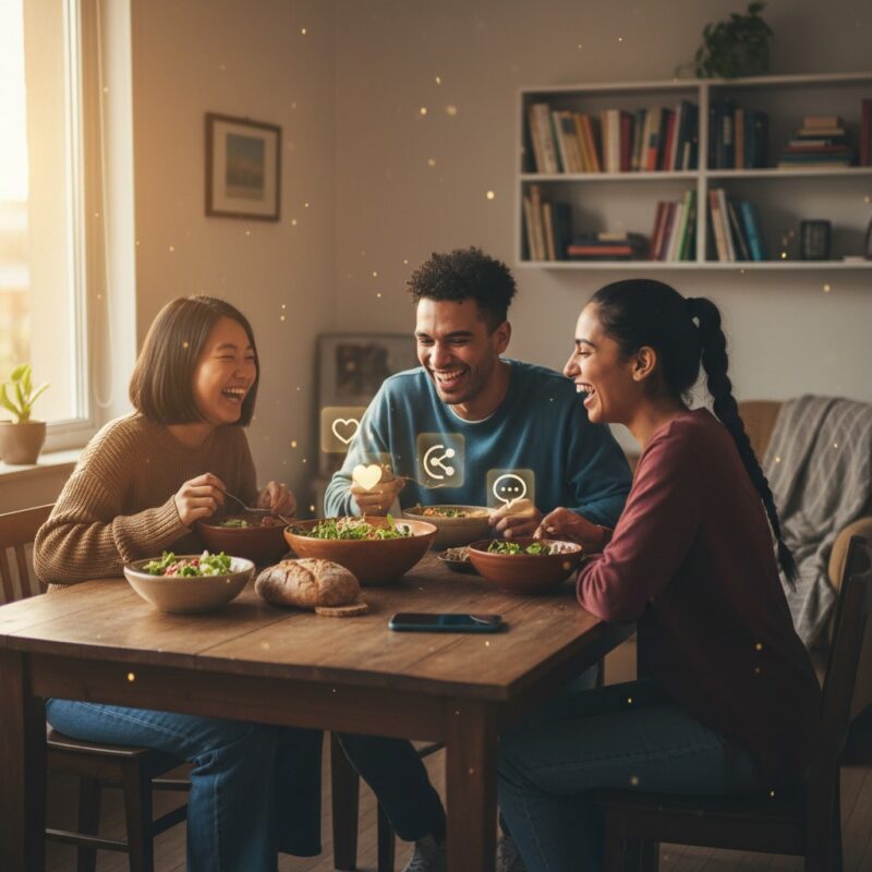 Migrant workers and international students eating together sharing affordable homemade meals in small apartment building community.