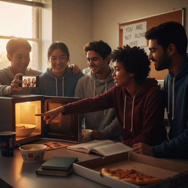 Diverse students abroad learning microwave cooking together, building community while managing homesickness and budget meals.