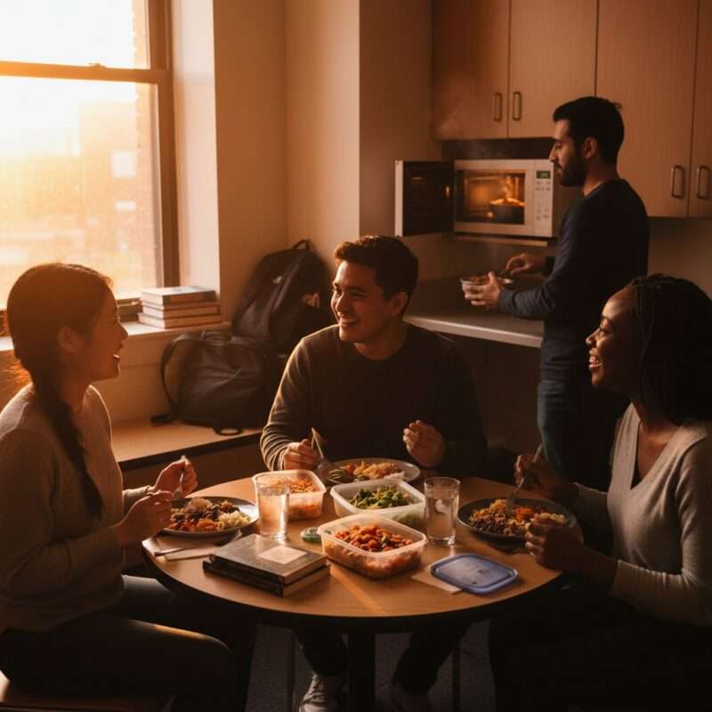 Diverse international students and migrant workers sharing homemade microwave meals together creating community abroad student life.