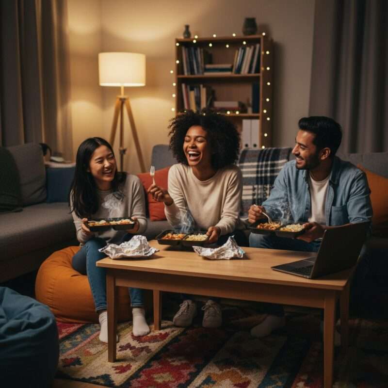 Students abroad building community over easy 15 minute microwave meals in dorm common area.