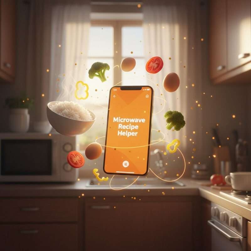Smartphone showing microwave recipe app with floating fresh ingredients including rice, eggs, and vegetables in warm-lit small kitchen space for students abroad.