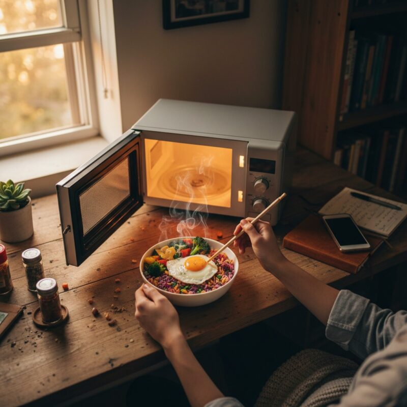 Student cooking easy microwave rice bowl meal in small apartment kitchen, foods you can cook in microwave.