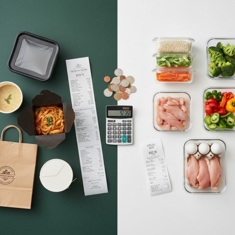 Cost comparison showing microwave cooking savings versus takeout for students, budget meals.