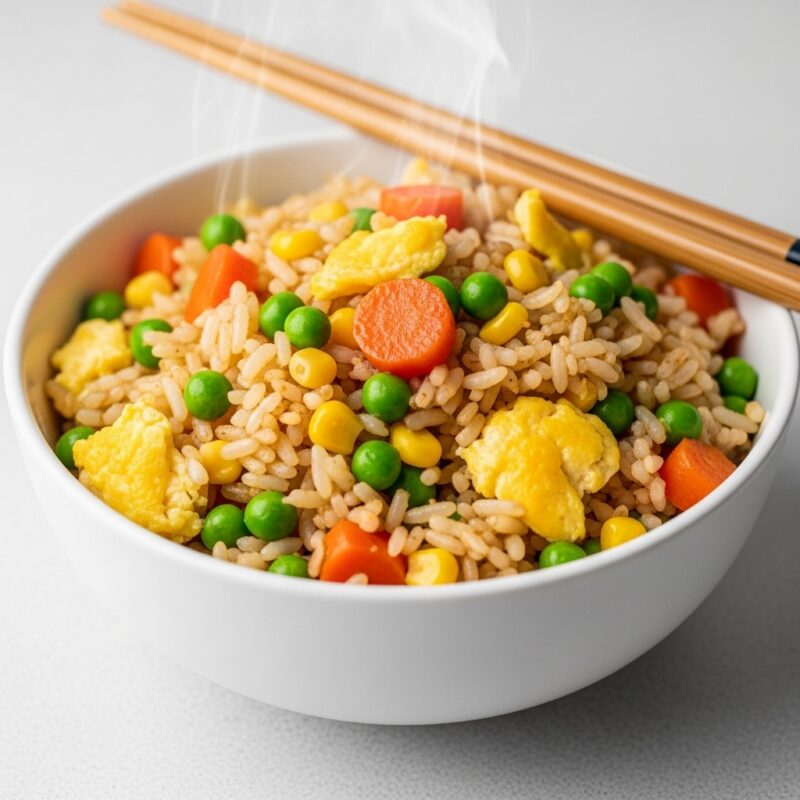 Fried rice with scrambled eggs, peas, corn, and carrots in a white bowl with chopsticks.
