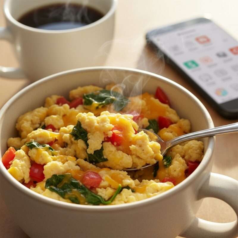Protein-rich microwave egg scramble made in 15 minutes, healthy breakfast for busy students abroad.