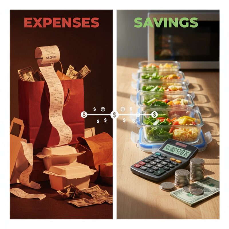 Cost comparison visual showing expensive restaurant takeout versus affordable homemade microwave meals savings for international students and migrant worker.