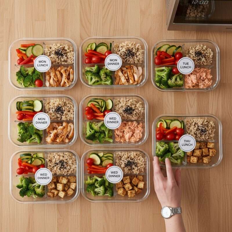 Meal prep containers for quick 15 minute microwave meals, time-saving cooking tips for students.