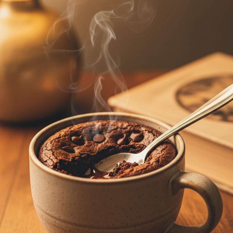 Chocolate mug brownie dessert cooked in microwave with molten center, easy microwave desserts.