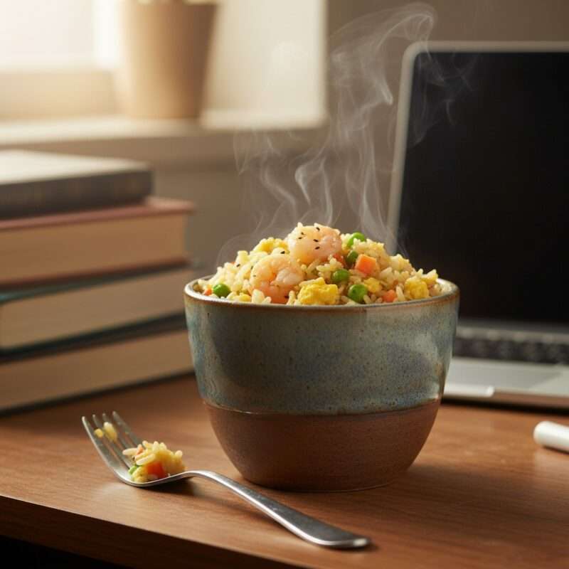 Quick microwave mug fried rice recipe in 15 minutes, easy student meal for dorm cooking.