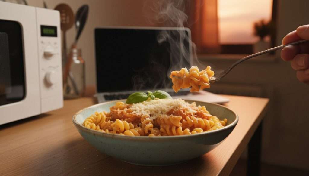 Delicious creamy microwave pasta in bowl showing easy comfort food meal for international students and migrant workers in small dorm kitchen