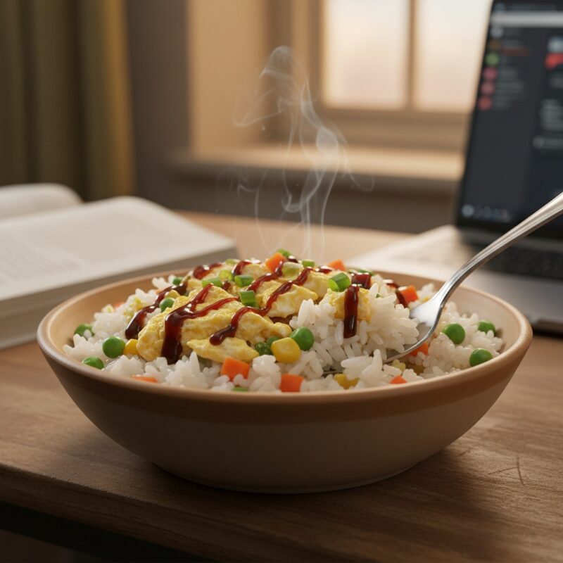 Homemade microwave rice bowl with eggs and vegetables showing quick budget meal for hostel residents students abroad under two dollars.