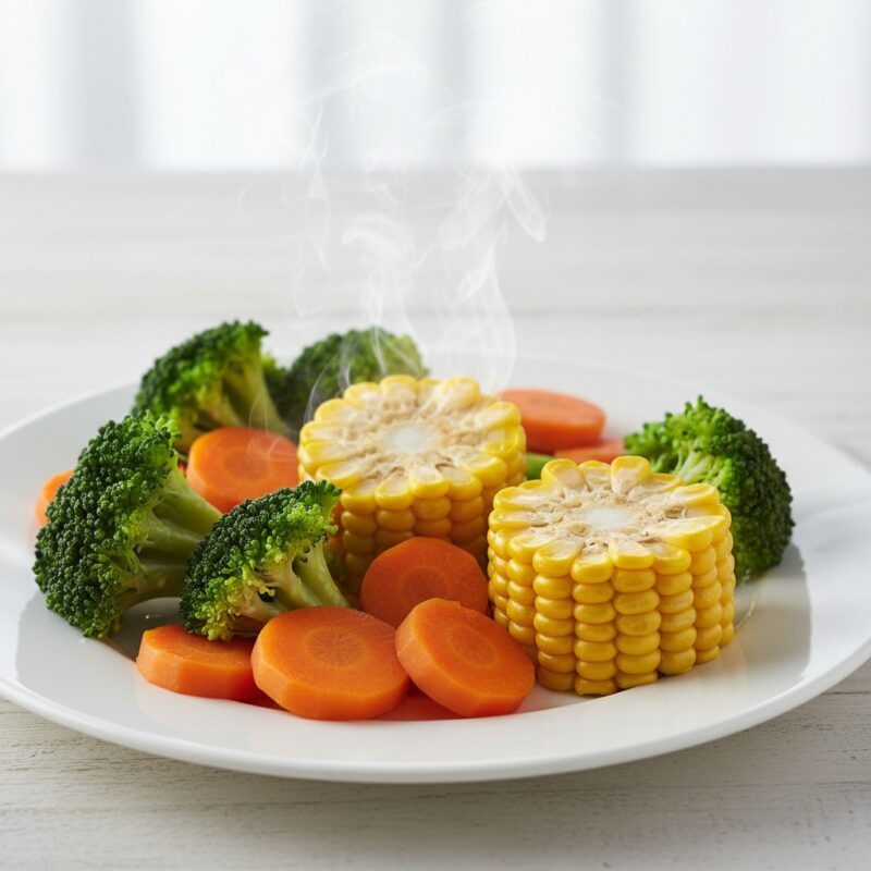 Colorful steamed vegetables cooked in microwave including broccoli carrots and corn, healthy microwave meals.