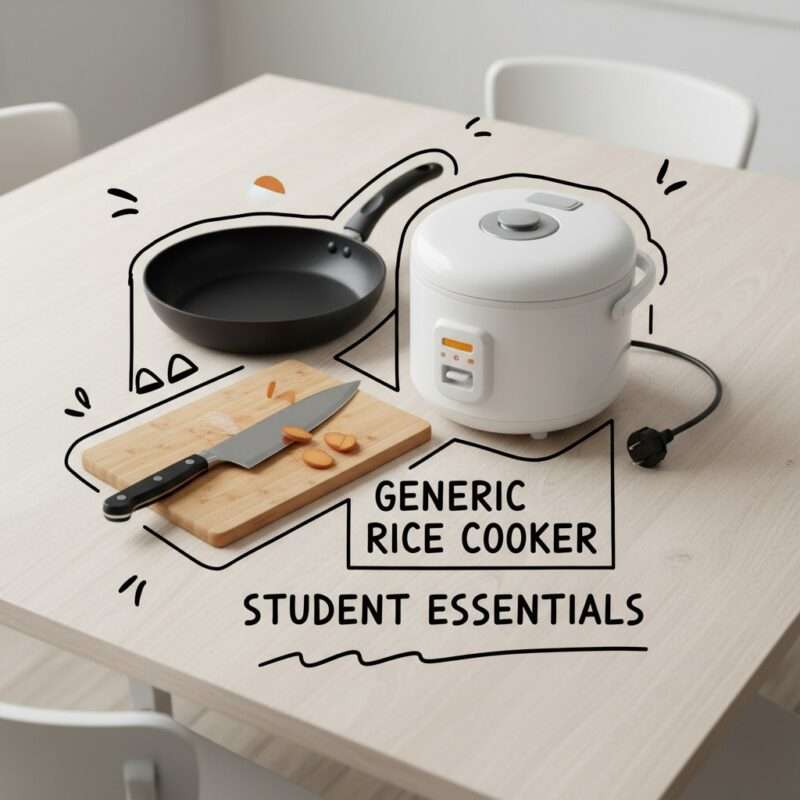 Essential kitchen equipment for students including a rice cooker and cutting board for easy meal prep.