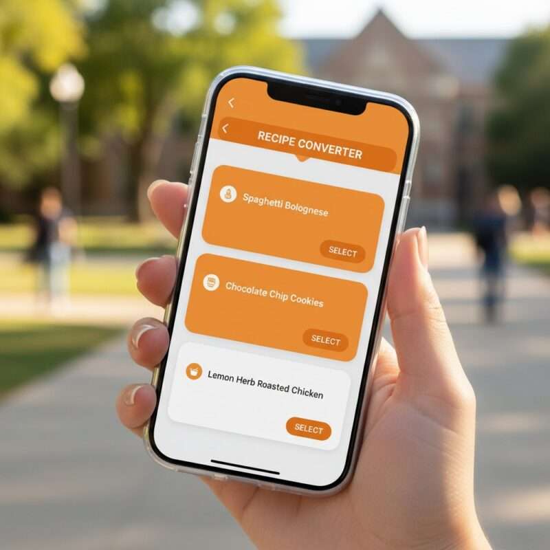 Interactive recipe serving converter displayed on mobile phone showing touch friendly interface for cooking on the go.