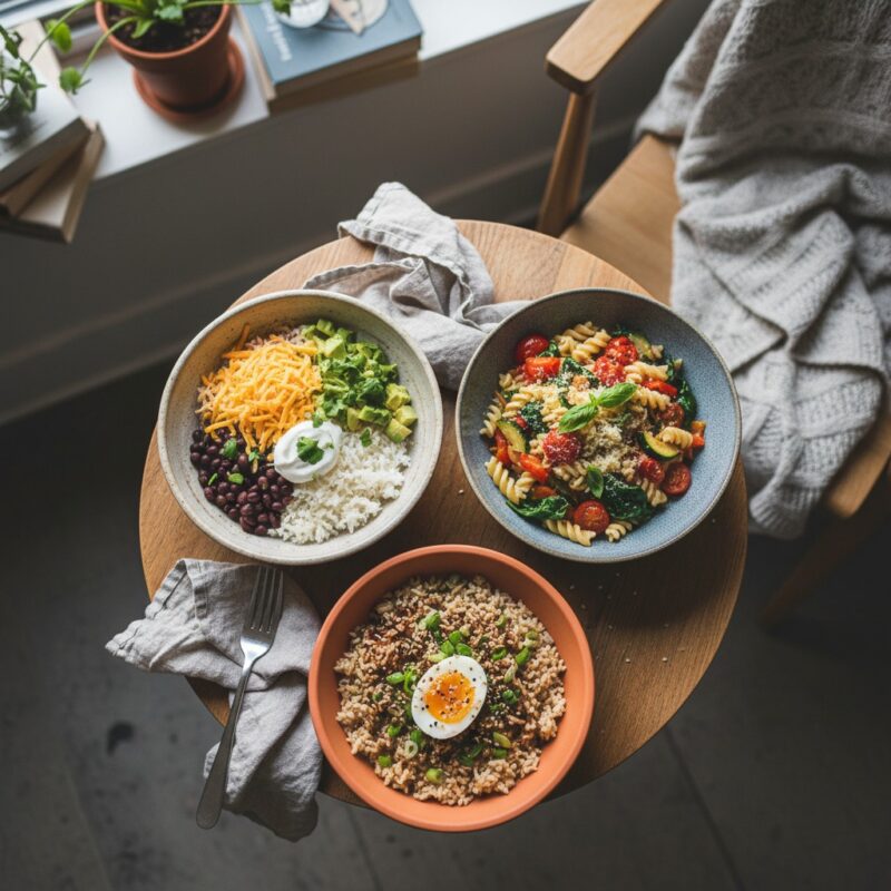 Three easy complete microwave meals in bowls including burrito bowl and pasta, quick meals for students.