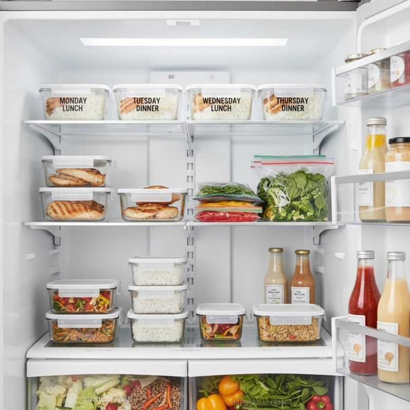 Organized refrigerator with labeled meal prep containers for student 50 dollar weekly budget plan