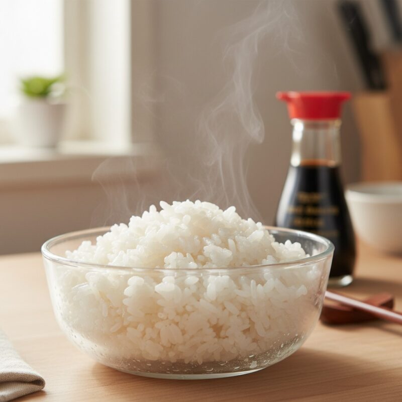 Fluffy white rice cooked in microwave in glass bowl, easy microwave rice for students.