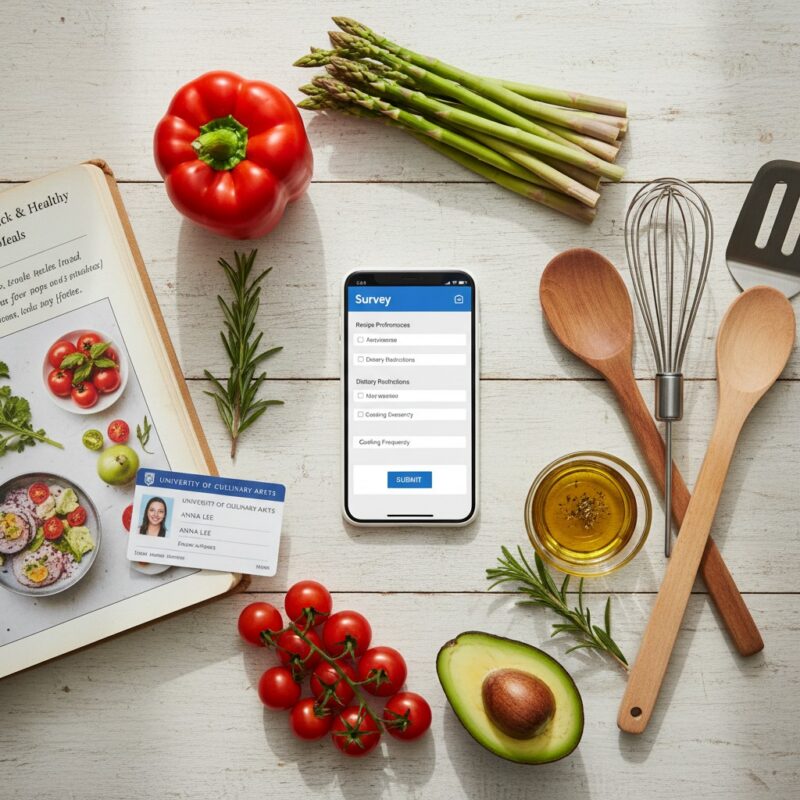 Cooking survey displayed on smartphone surrounded by fresh ingredients,
 wooden utensils, recipe book, and student ID card on white wooden table.