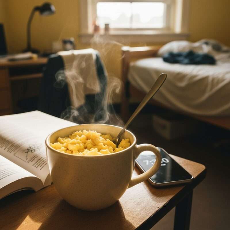 Easy microwave scrambled eggs in mug, perfect quick breakfast for students and workers with limited cooking space.