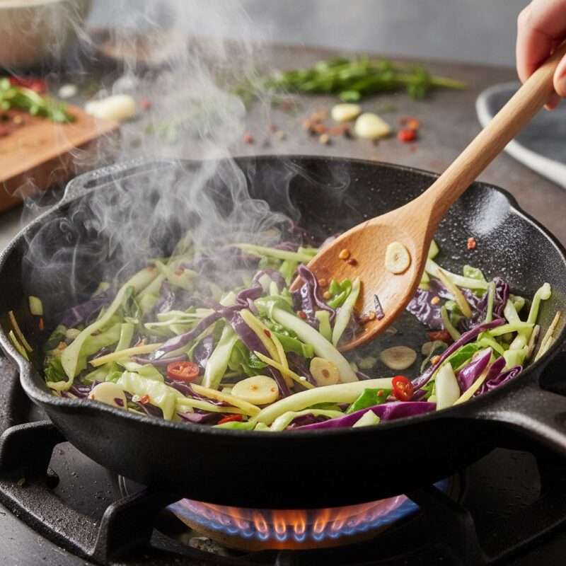 Affordable cabbage stir-fry being cooked in pan, budget-friendly vegetable meal under $2 for students.