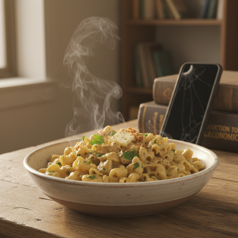 Microwave cheese butter pasta dish with melted butter and herbs showing quick easy pasta meal.